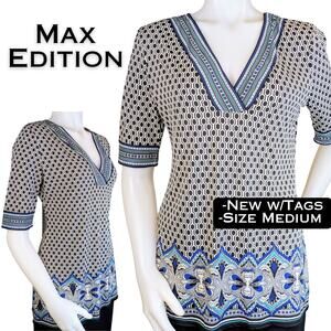 Max Edition Blouse Top Medium Blue White Mixed Print V-Neck Boho Career NEW
